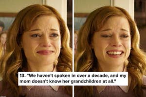 Two images of a woman with red hair looking emotional, accompanied by the quote: "We haven't spoken in over a decade, and my mom doesn't know her grandchildren at all"