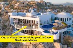 A luxurious vacation home situated on a cliff in Cabo San Lucas, Mexico, highlighted as one of Vrbo's "homes of the year," featuring a pool and expansive terraces