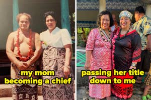 Two photos side by side: On the left, two people in traditional attire with text "my mom becoming a chief." On the right, the same woman with her daughter wearing traditional attire with text "passing her title down to me."