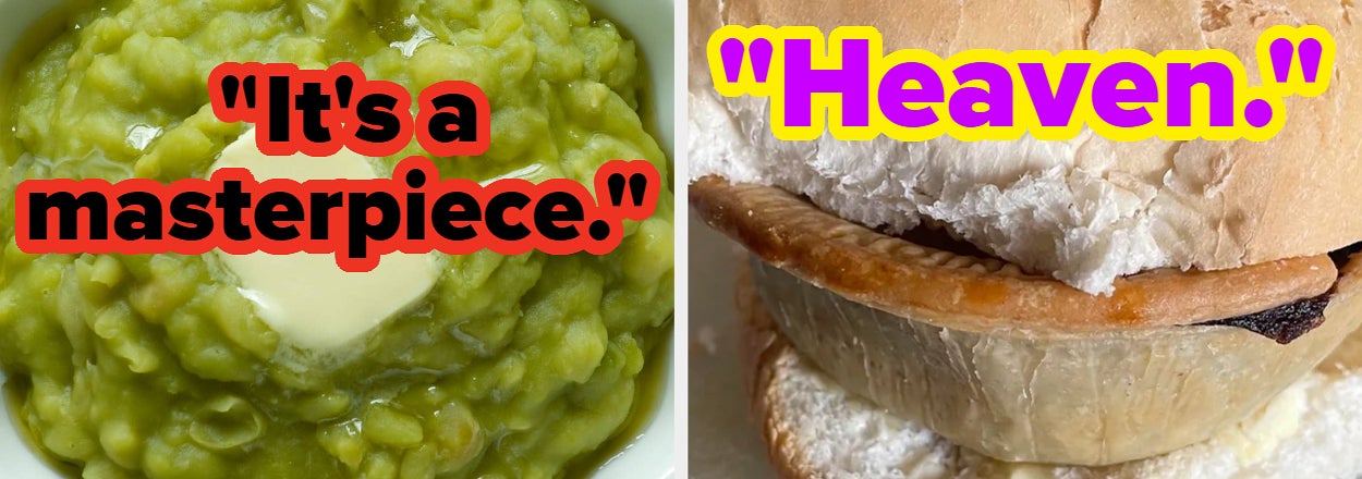 Two images: Left: Bowl of mushy peas with a dollop of butter and text saying "It's a masterpiece." Right: Meat pie in a sandwich bun with text saying "Heaven."