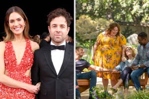 Mandy Moore in red dress and Taylor Goldsmith in a suit on a red carpet; Mandy Moore, Chrissy Metz, Sterling K. Brown, and other cast members of "This Is Us" in a garden scene
