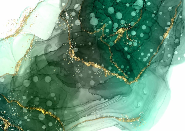 Jade green hand painted alcohol ink background with gold glitter elements