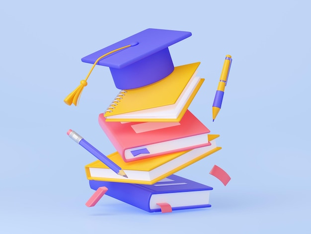 Photo gratuite chapeau de graduation étudiant 3d sur la pile de livres