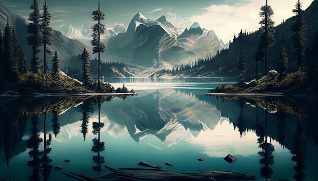 Photo gratuite une peinture d'un lac de montagne avec une montagne en arrière-plan