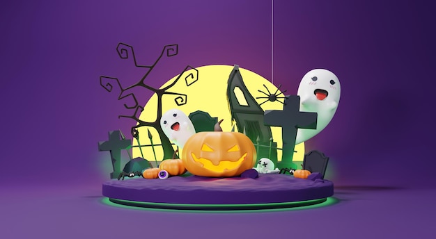 3d Render Happy Halloween Day background avec scène de nuit et joli design fantasmagorique Halloween citrouilles crâne fantôme et décorations d'araignées sur fond violet foncé Trick or Treat party célébrer