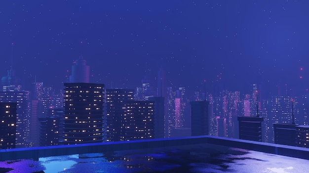Rendu 3D du concept de paysage de ville de nuit Cyber punk Lumière rougeoyante sur scène sombre Vie nocturne Réseau technologique pour 5g Au-delà de la génération et futuriste de la capitale SciFi et scène de construction