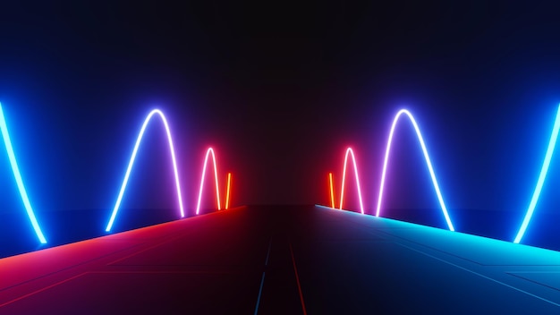 Rendu 3D du néon flash et de la lumière rougeoyante sur une scène sombre Lignes mobiles de lumière de vitesse