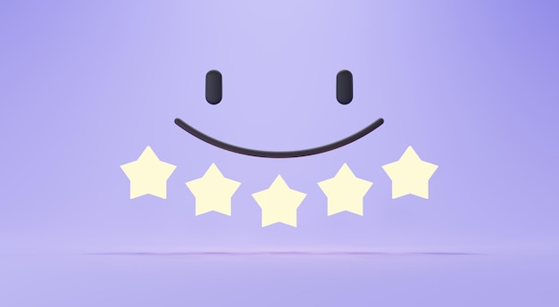Rendu 3D de la satisfaction du client Évaluation des choix de mauvais à bon avec la lumière des étoiles Concept de design minimal sur fond violet pastel Les utilisateurs donnent une note pour l'évaluation