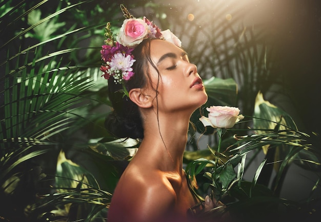 Flower crown and woman in studio for skincare beauty and relax zen and cosmetics in jungle skin rose and mexican girl model pamper treatment and organic natural and product in nature aesthetic