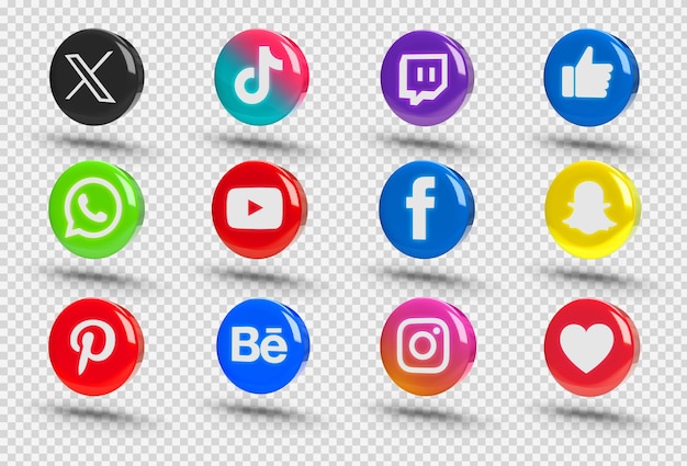 PSD gratuit collection d'icônes de médias sociaux 3d sur une surface transparente