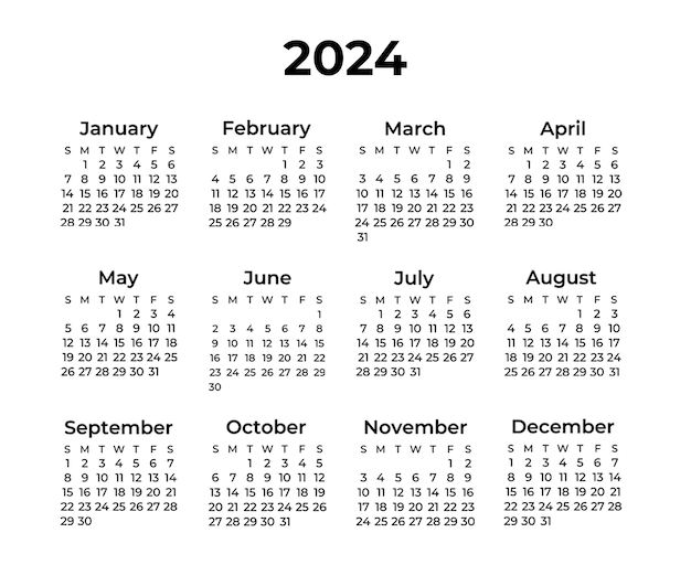 PSD gratuit calendrier minimaliste simple pour 2024 sur surface blanche