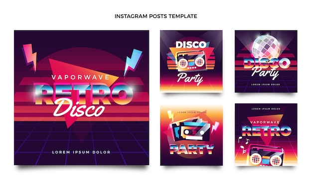 Vecteur gratuit collection de publications instagram de soirée disco vaporwave rétro dégradé