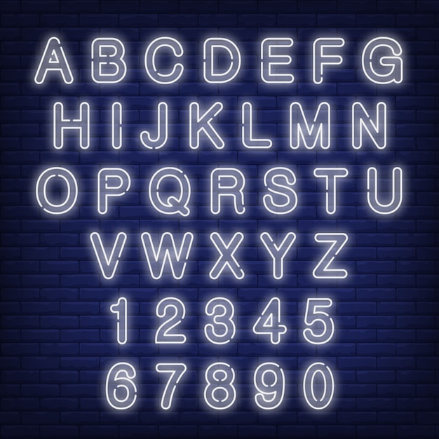 Vecteur gratuit alphabet anglais et chiffres. signe au néon avec des lettres blanches.