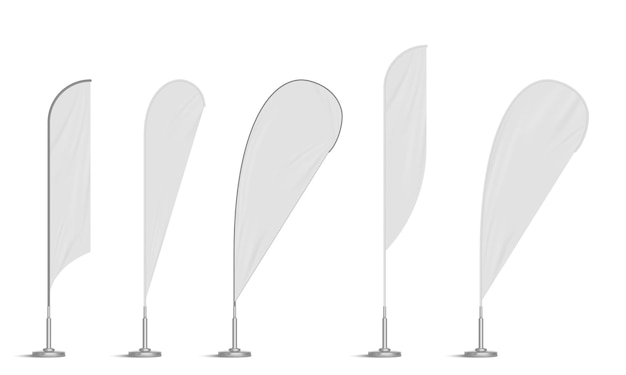 Vecteur gratuit arc et plume drapeaux de plage modèles de bannières de vent incurvées vierges enseignes verticales pour la publicité extérieure de la ville maquette de stands d'exposition isolée sur fond blanc ensemble de maquette de vecteur 3d réaliste