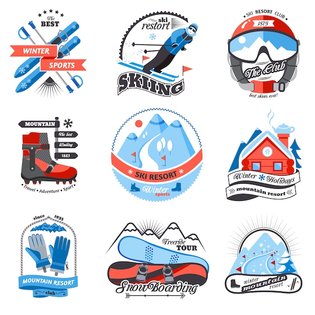 Vecteur gratuit ensemble d'emblèmes de station de ski