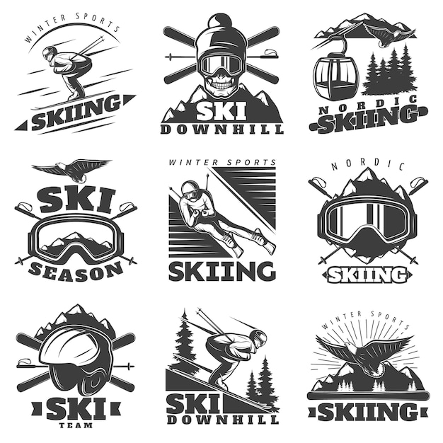 Vecteur gratuit ensemble d'étiquettes de ski alpin