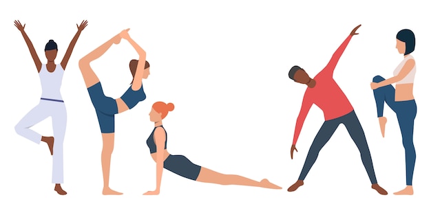 Vecteur gratuit ensemble d'instructeur de conditionnement physique pratiquant le yoga