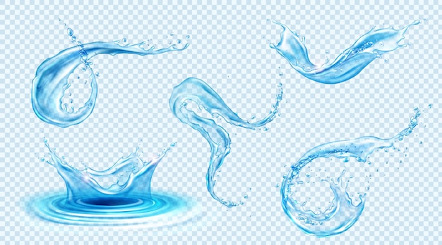 Vecteur gratuit Éclaboussures d'eau, vagues de liquide bleu avec des tourbillons et des gouttes. ensemble réaliste d'aqua pur qui coule et tombe, éclaboussures de fluide isolé sur fond transparent
