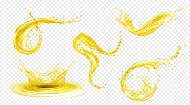 Vecteur gratuit orange, jus de citron ou éclaboussures d'huile, la boisson jaune liquide coule avec des gouttes. éléments de boisson aux fruits pour la publicité ou la conception d'emballage. éclaboussures fraîches et jets fluides, dégouline ensemble 3d réaliste