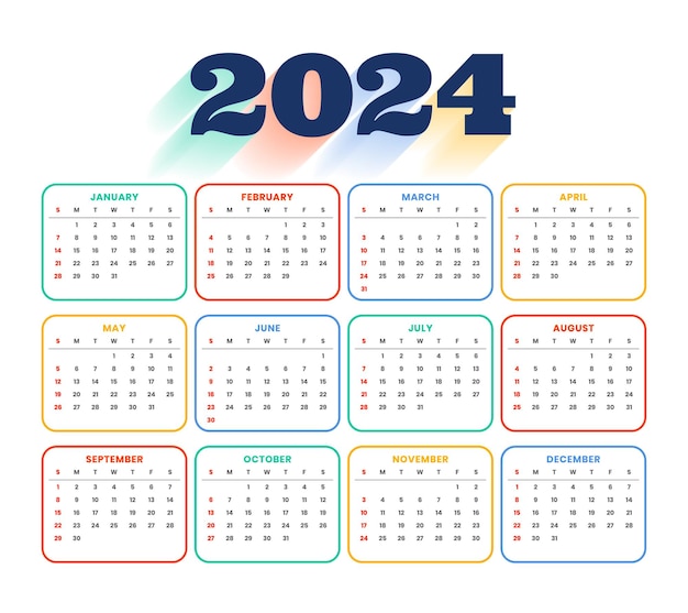 Vecteur gratuit modèle de calendrier anglais coloré 2024 planifier et organiser des événements vecteur