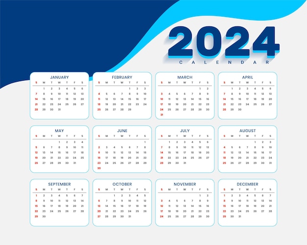 Vecteur gratuit modèle de calendrier du nouvel an 2024 vecteur de papeterie de bureau parfait