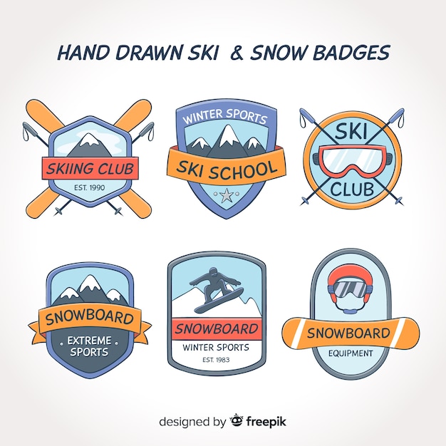Vecteur gratuit set de badges ski et neige dessinés à la main
