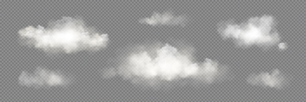 Vecteur gratuit transparent vecteur blanc nuage ciel ensemble réaliste brouillard fumée png texture isolé design abstrait effet d'air nuageux avec collection d'icônes de lumière du jour 3d belle nature atmosphère vapeur vapeur enfumée