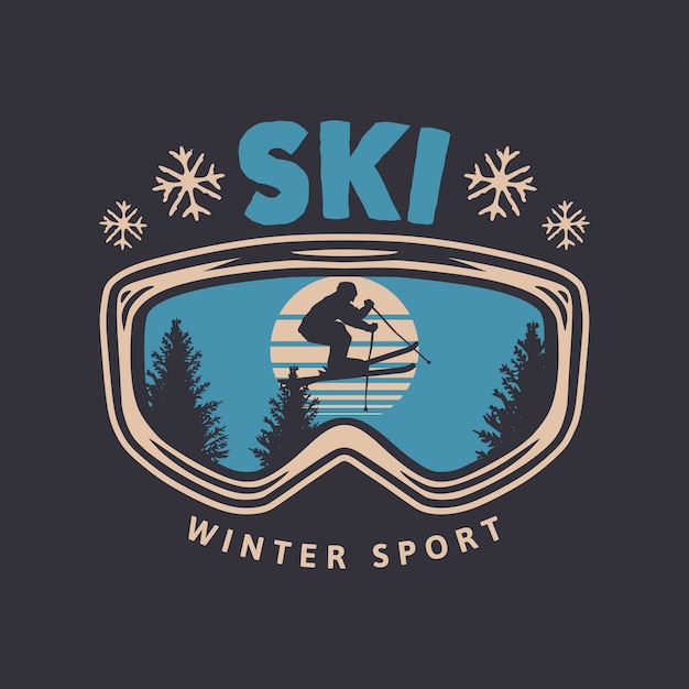 Vecteur conception de t-shirt ski typographie vintage sport d'hiver avec des lunettes et une silhouette de skieur