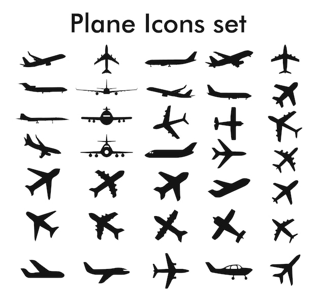 Vecteur ensemble de silhouettes d'avion. ensemble de différents types d'avions silhouettes en vol, décollage, course.