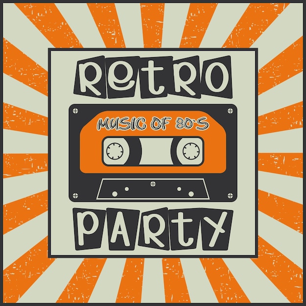 Vecteur fête rétro. musique des années 80. affiche publicitaire vintage avec une cassette sur fond sunburst. illustration vectorielle.