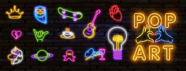 Vecteur grand ensemble de pop art néon signe bannière lumineuse enseigne lumineuse