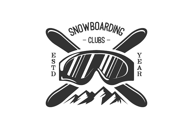 Vecteur snowboard croisé vintage avec des lunettes de ski et iceberg pour le logo de snowboard