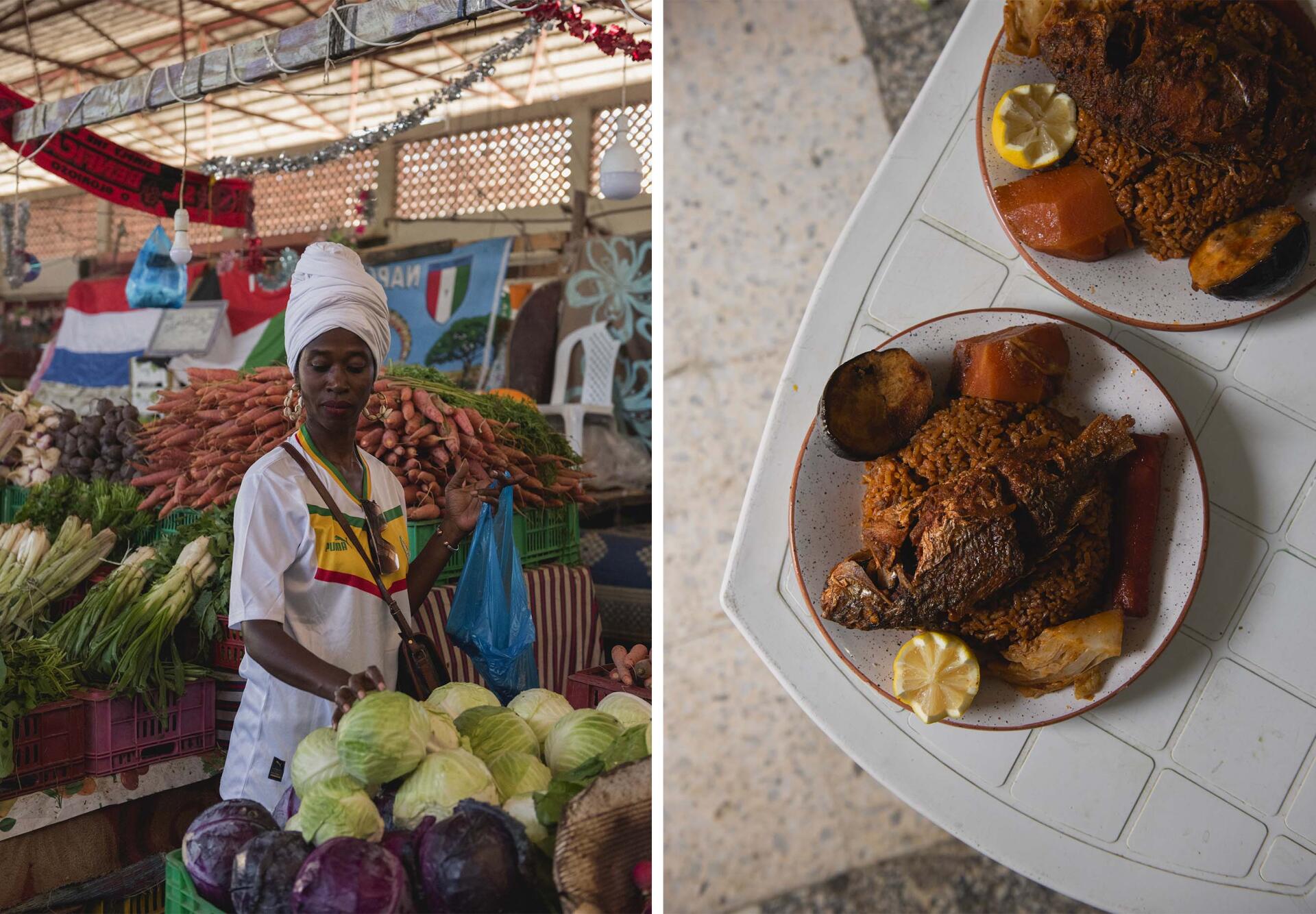 Léna choisit sur le marché de la cité Tahrir, à Tunis, les ingrédients qui composeront un thieb (à droite), plat de son pays natal, le Sénégal, 18 octobre 2023.