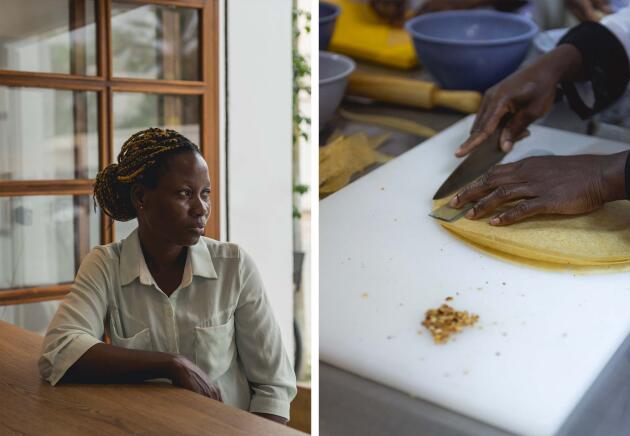 A gauche : Nathalie, originaire de la Côte d’Ivoire, ancienne élève de la formation Ftartchi?, le 17 octobre 2023, dans un restaurant de la banlieue nord de Tunis où elle est embauchée. A droite : préparation de "samsa" dans le cadre de la formation Ftartchi?, à Marsa, en banlieue de Tunis.