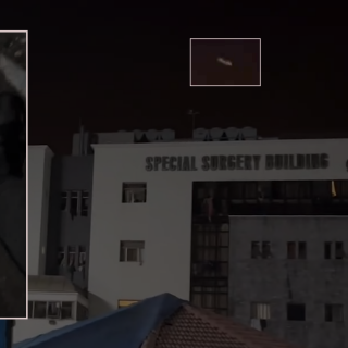 Dans la soirée du 9 novembre, un projectile plonge au dessus du plus grand hôpital de Gaza. Quelques instants plus tard, deux hommes sont blessés, dont un très gravement. Un reste d’obus est retrouvé à leurs pieds. « Le Monde » est en mesure d’affirmer qu’il s’agit d’un obus éclairant israélien.