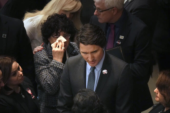 Le premier ministre canadien, Justin Trudeau, lors d’une cérémonie à la mémoire des victimes du vol PS752, le 8 janvier 2024, à Richmond Hill (Ontario).