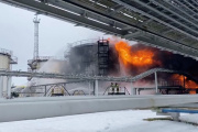 An oil depot on fire after being hit by a drone strike, in Klintsy, Bryansk Oblast, Russia, on January 19, 2024.
