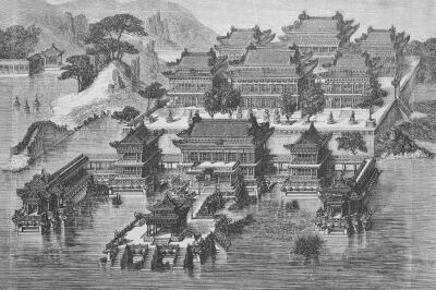 Historical engraving, produced in 1865, depicting the Summer Palace in Beijing.
