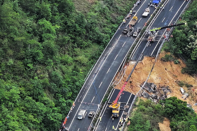 Aerial view of the section of highway swept away by a landslide linked to torrential rains, near Meizhou, in China's Guangdong province (southeast), on May 1, 2024.