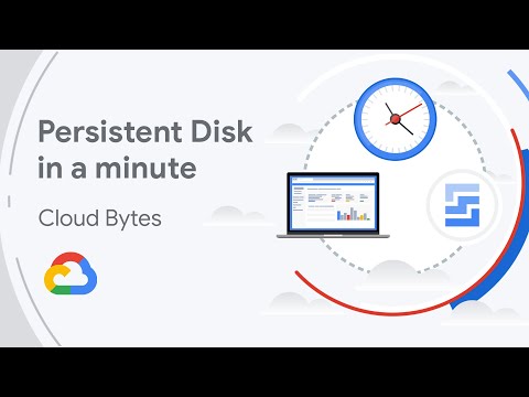 Il titolo del video è "Persistent Disk in un minuto" e si distinguono le immagini di un laptop, un orologio e l'icona di un disco permanente
