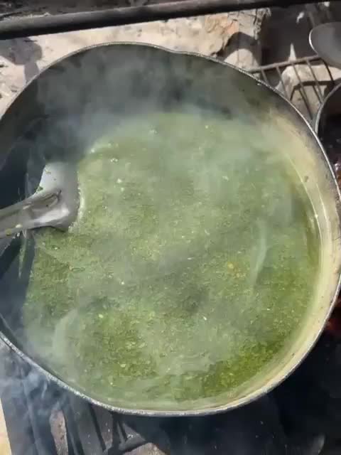 A steaming pot of thin green soup sits on an open fire outside.