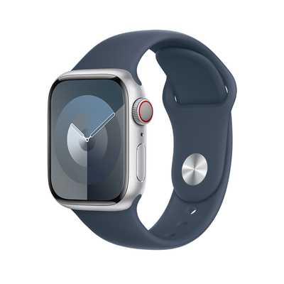 OUTLET Apple Watch Series 9 GPS + Cellular 45mm Silver Aluminium Case with Storm Blue Sport Band - S/M - Produkt otwarty - rękojmia ograniczona do 1 roku