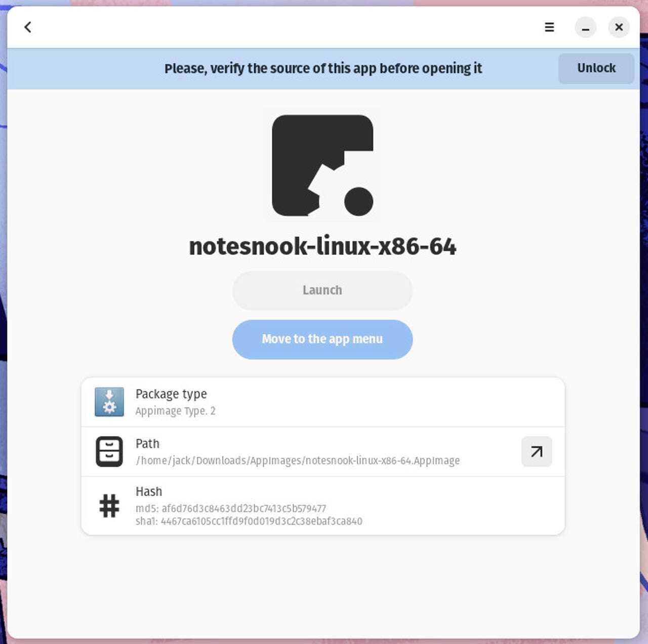 AppImageを信頼できる場合は、「Unlock」（ロックを解除）をクリックして続行する。提供：Screenshot by Jack Wallen/ZDNET