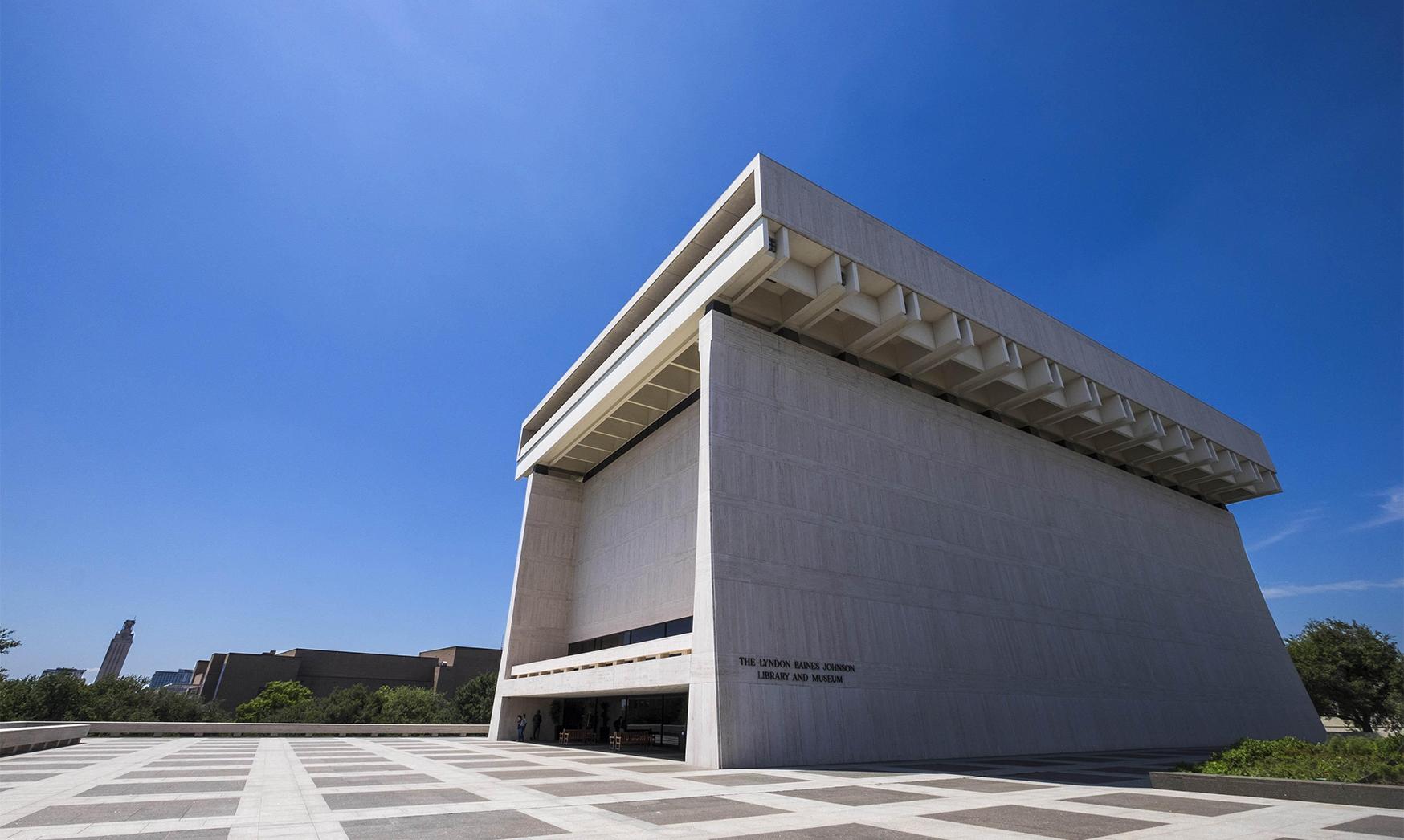 A view of the LBJ Library from its plaza