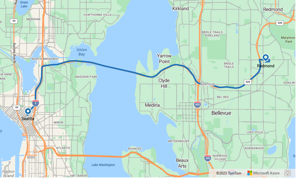 A screenshot showing a map that demonstrates the Azure Map control and Route service.
