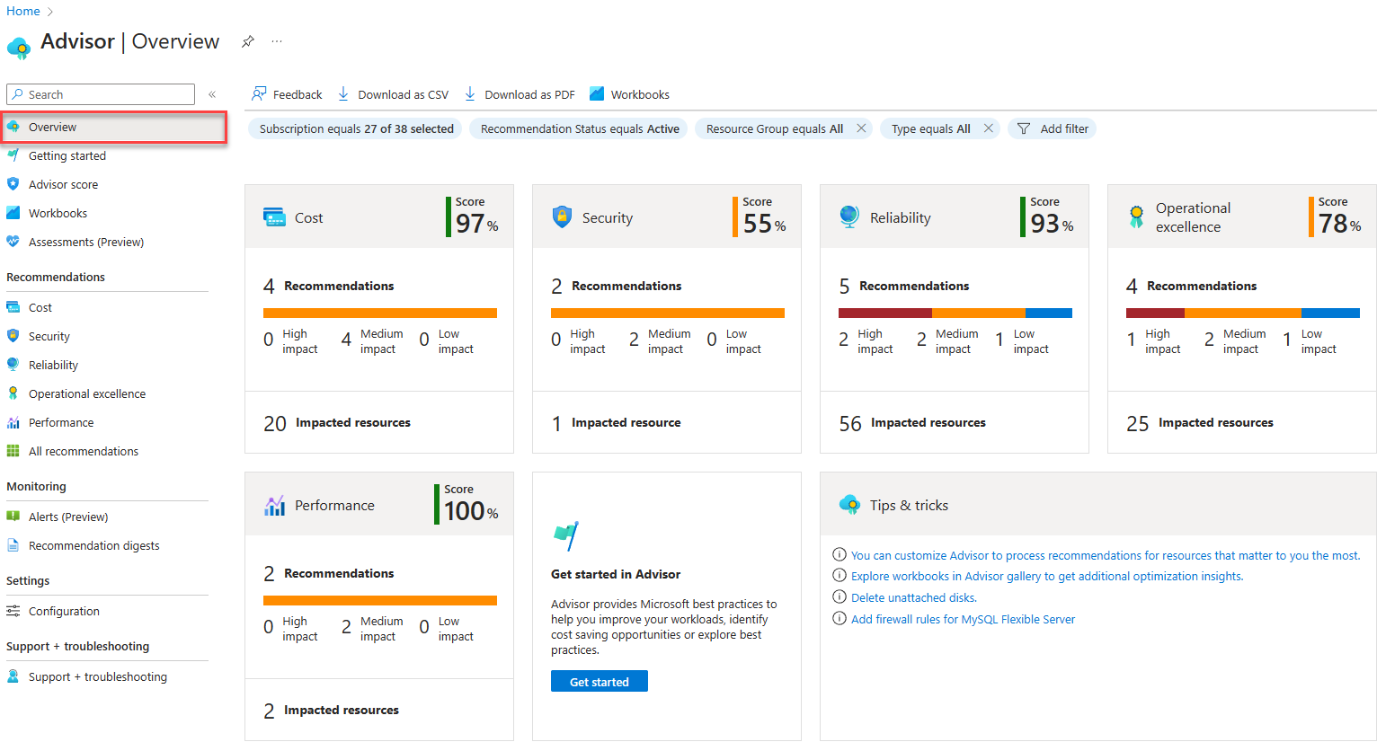 Screenshot of the Azure Advisor opening **Overview** page.