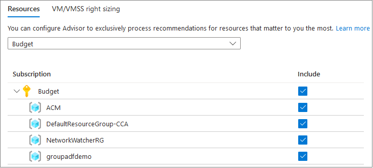 Screenshot of Azure Advisor configuration option for resources.