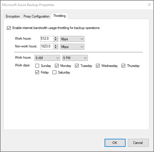 Screenshot shows how to set up network throttling for backup operations.