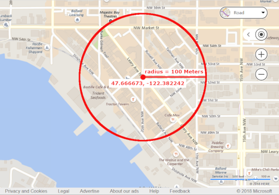 Screenshot of a map of Seattle, Washington with a highlighted 100 meter radius of the 47.666673, -122.382242 coordinates.