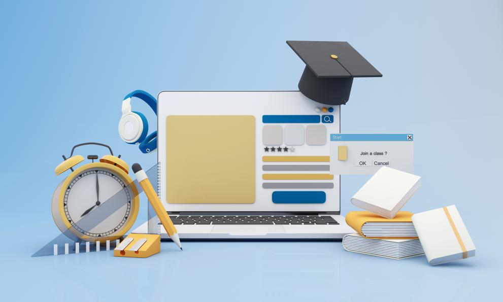 Back to school join to online learning with school supplies and equipment. laptop computer screen with phone and school accessories and textbooks on yellow and blue background